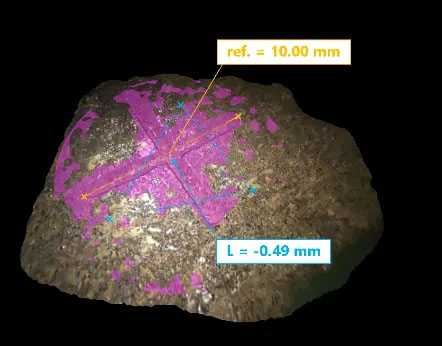 样品的带有人工交叉图案的3D视图。带深度的3D视图测量的是从紫色指定平面到蓝色放置点的距离。