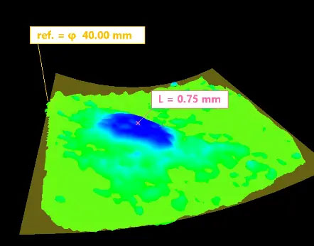同一样品在点到曲面测量模式下的图像，使用了颜色渐变分析。您可以使用“颜色渐变”轻松了解较高和较深的区域，并使用点到曲面模式放置测量点。