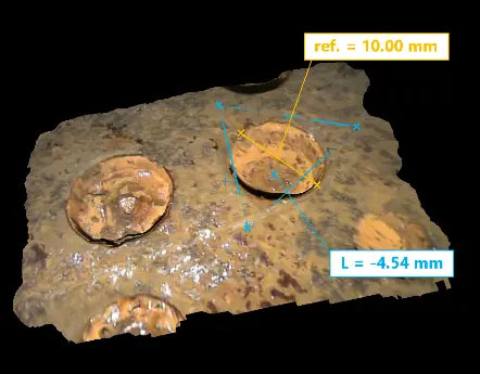 盲孔的3D视图，带深度测量值