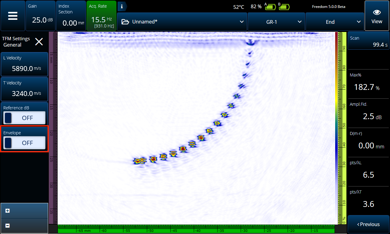 包络功能关闭时,缺陷图像中的波动使检测人员很难完成对缺陷的表征。