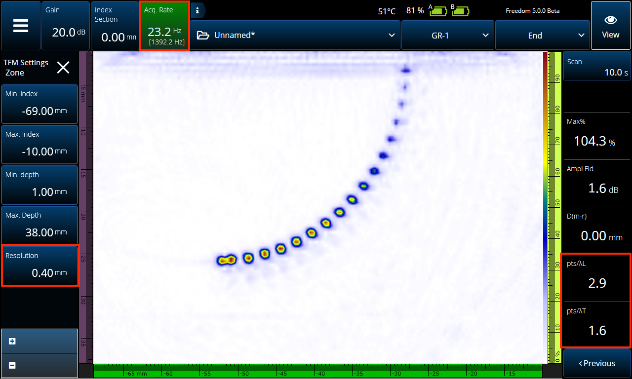 包络功能开启时,所获得的全聚焦方式(TFM)重建图像更清晰、更鲜明,波幅增加了,且没有丢失数据。