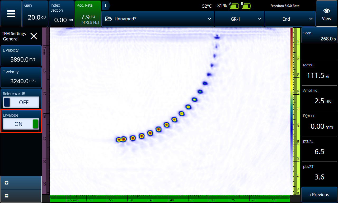 包络功能开启时,全聚焦方式(TFM)图像变得更清晰、更鲜明,缺陷波幅增加,变化平稳,且没有丢失数据。