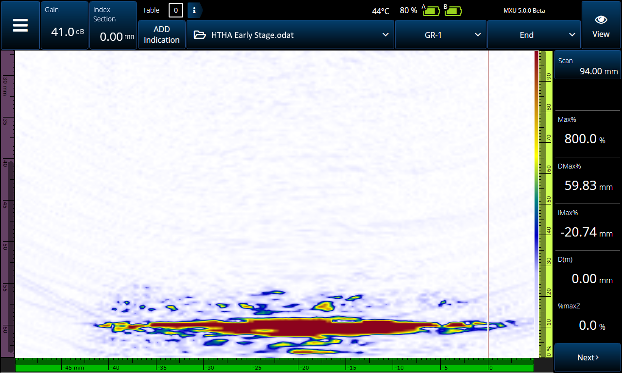包络功能开启时,所获得的全聚焦方式(TFM)重建图像更清晰、更鲜明,波幅增加了,且没有丢失数据。
