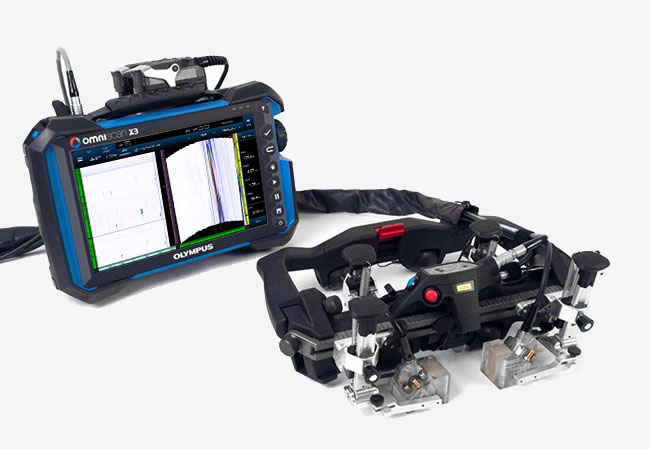 鋼管溶接のERWシーム溶接検査システム。 OmniScan探傷器とAxSEAMスキャナーを使用すると、フェーズドアレイ/TOFD検査、およびトータルフォーカシング法(TFM)が可能です。