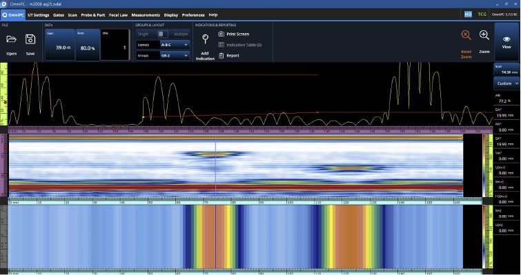 使用M2008超声探头采集时，OmniScan X3超声探伤仪上显示的数据