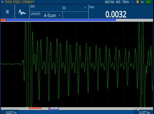 用72DL PLUS测厚仪执行的 薄钢薄厚度测量（0.0032 in.）