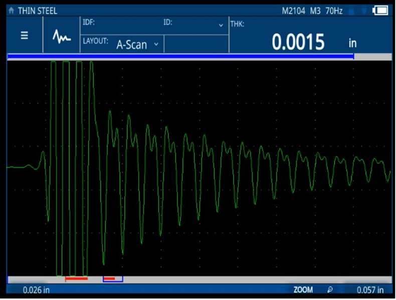 72DL PLUS超声测厚仪使用M2104（125 MHz）探头测量薄钢板（0.0381 mm）