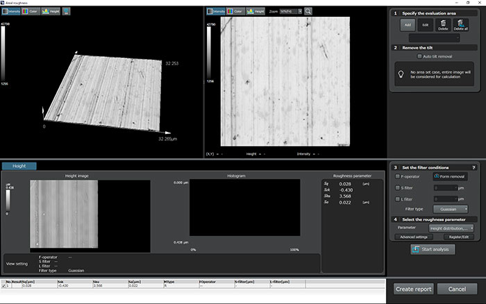An example of roughness measurement on the groove of an inner ring  (long working distance 100X objective lens; 4x optical zoom)