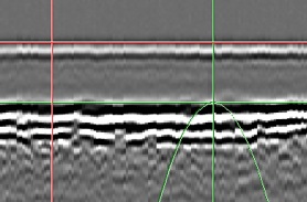Measurement in good area showing Thickness as 7.39mm.  Tofd (m-r) reading shows distance between positioned cursors.