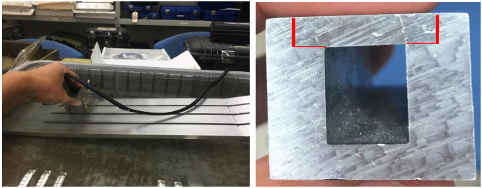 Alt tag: Evident specialty friction stir weld 10L64-FSW phased array probe and SFSW-N45S-WHC wedge being used to scan a water cooling plate, or liquid cold plate