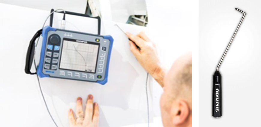 左图:航空航天检测人员使用NORTEC 600涡流探伤仪对飞机部件进行检测。右图:用于探测表面裂纹的弯杆涡流探头