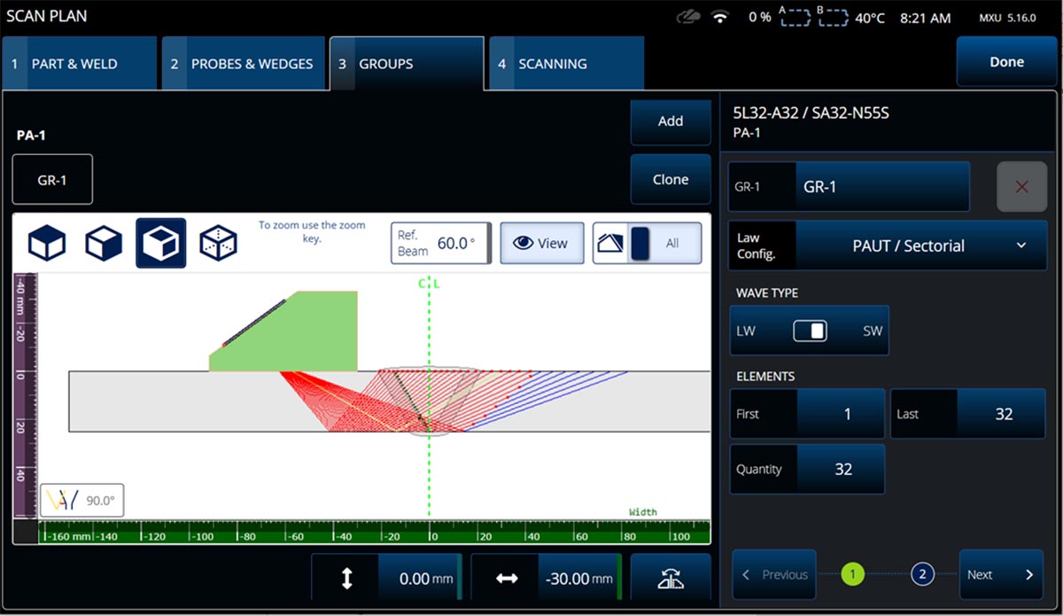 组设置选项卡中显示的相控阵探头的近场