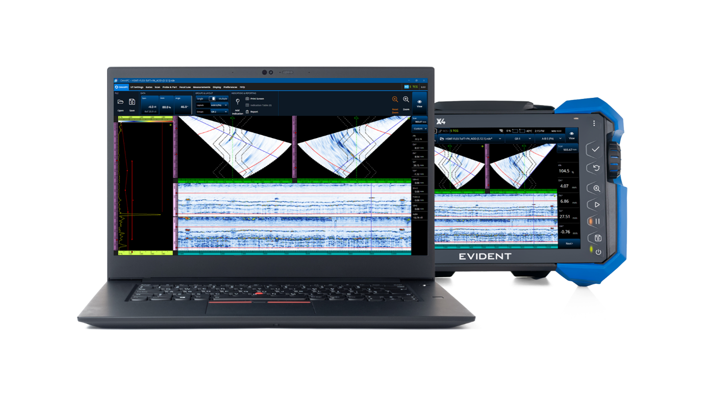 装有OmniPC软件的笔记本电脑，显示与其后面的OmniScan X4探伤仪相同的相控阵检测数据。354 