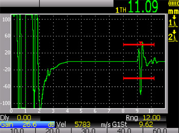 40米(125英尺)电缆。激励脉冲振铃进一步增加。厚度读数偏移1.09毫米。