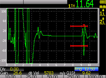 60米(200英尺)电缆。激励脉冲和底面回波均加倍增长。 厚度读数偏移1.64毫米。