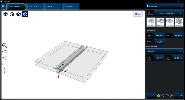 ScanPlan的“工件与焊缝”选项卡用于根据焊缝类型、长度/宽度、厚度、材料、经度/横波声速等定义和编辑工件和焊缝参数。