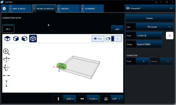 ScanPlan的“探头与楔块”选项卡用于根据类型、脉冲晶片/接收晶片接口、长度/宽度等信息定义和编辑探头和楔块参数。