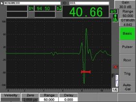 使用Epoch 600探伤仪,两个V102-SB纵波探头和两个V152-RB横波探头(均为1 MHz,直径1英寸)测量到的3.75英寸(95毫米)砂岩中的单程传播时间。