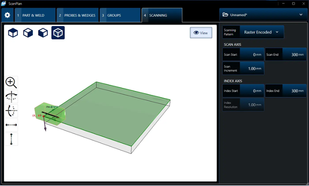 ScanPlan的“扫查”选项卡用于根据模式类型、扫查轴(扫查起点、扫查终点和扫查增量)以及步进轴(步进起点、步进终点和步进分辨率)配置和编辑扫查模式。