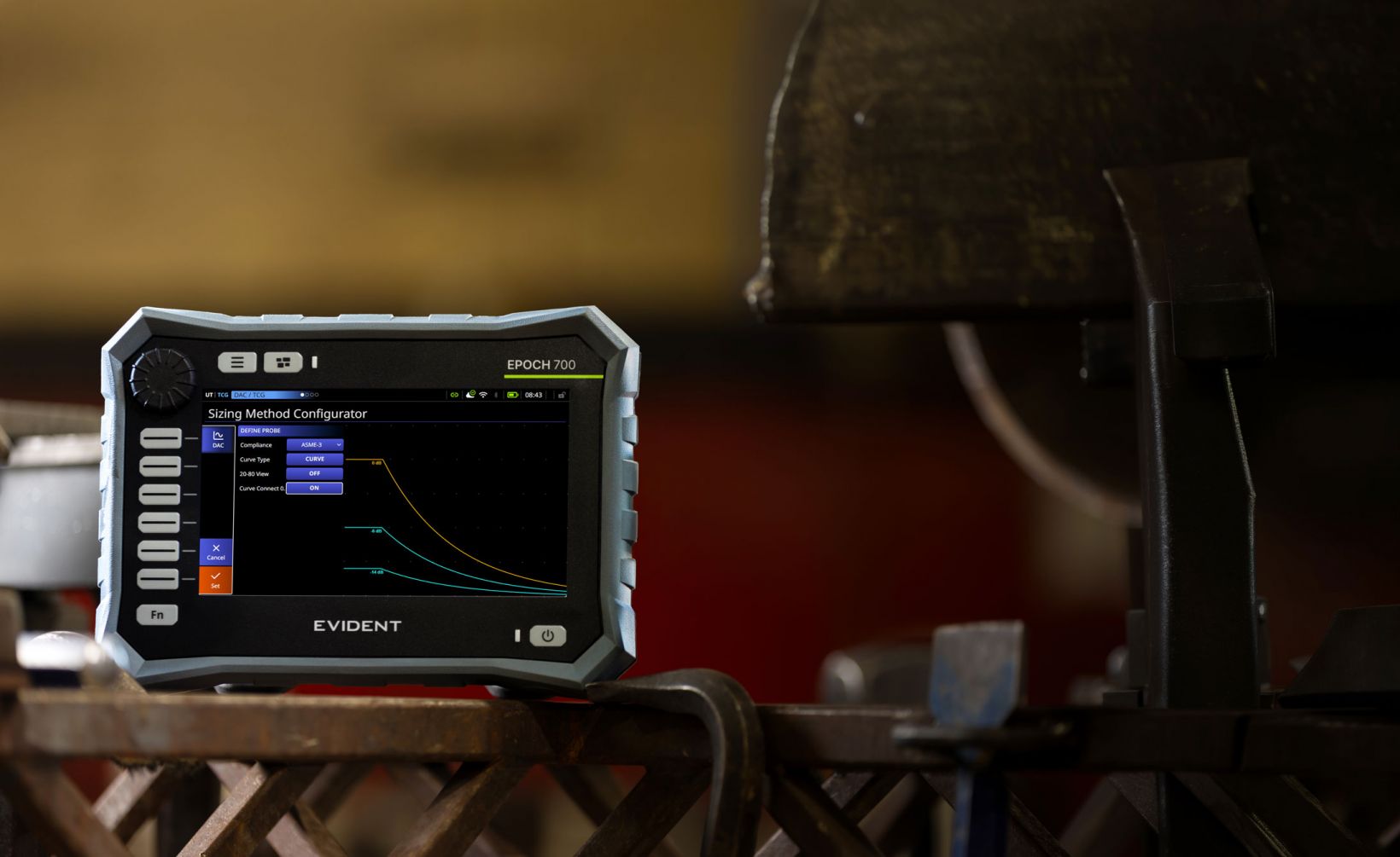 The EPOCH 700 flaw detector combines touchscreen, adjustment-knob, and button-based controls to support a range of inspection environments.